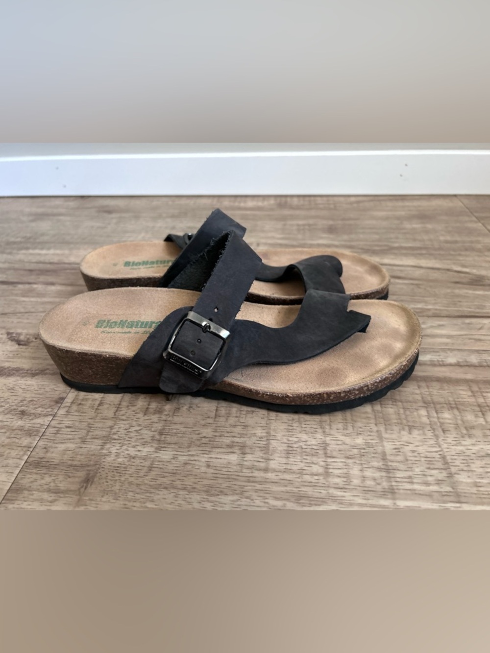 Bionatura made in Italy leather comfort earthy Black Slide Sandals with Buckle